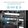An infographic showcasing the StarTech 2U Universal Vented Rack Shelf (CABSHELFV) installed in a server rack, highlighting its use in professional environments.

Top Section: Marketing Graphics
The top half features blue text on a white background that reads, "Install in Your Vented Rack to Optimize Your Equipment Storage." Below this are four blue icons representing recommended use cases:

Server Rooms: Three stacked server units.

Data Centers: Multiple server racks.

Offices: A high-rise building.

Warehouses: A shopping cart icon.

Bottom Section: Product in Use
The bottom half shows a close-up photo of the black vented shelf mounted inside a standard server rack.

Equipment: A network switch is sitting on the shelf. Five blue Ethernet cables are plugged into the switch and routed upward to a 24-port patch panel mounted directly above it.

Rack Context: Above the patch panel, a large grey server unit is visible.

Ventilation: The slotted design of the shelf is clearly visible, showing how it supports non-rackmount equipment while allowing for airflow between the components.
