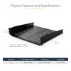 An infographic detailing the physical features and technical specifications of the StarTech 2U Universal Vented Rack Shelf (CABSHELFV).

Top Section: Product Dimensions
A 3D perspective view of the black metal shelf includes several labeled dimension lines:

Height: 3.5 inches (9 cm).

Depth: 16 inches (41 cm).

Total Product Width: 19 inches (48 cm).

Usable Product Width: 17 inches (44 cm).

The image clearly shows the vented tray surface and the integrated mounting brackets at the front.