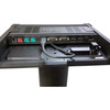 Close-up view of HP Engage One Pro terminal base I/O hub showing color-coded PoweredUSB ports, COM serial connectors, and cable management channel