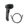 A handheld Zebra DS4608-SR corded 2D barcode scanner in twilight black, positioned vertically next to a coiled grey USB interface cable. The scanner features an ergonomic pistol-grip design with a prominent black trigger and a wide imaging window. The cable is shown with an RJ45-style connector on one end for the scanner base and a standard USB-A connector on the other. Both items are isolated against a plain white background.