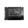 A top-down, full-frame studio shot of the back of a Samsung 860 EVO 250GB 2.5-inch SATA III SSD. The black casing features a large rectangular sticker in the center containing technical specifications, barcodes, and regulatory logos.

Key Information on Label:

Model: MZ-76E250

Capacity: 250GB

Production Date: 2018.07

S/N: S3YGNC0K738384P

Power Rating: DC+5V 1.2A

Origin: Product of KOREA

The left side of the drive shows the gold-plated SATA data and power connectors. Four silver mounting screw holes are visible at the corners of the black frame. Various certification symbols, including CE, FCC, and VCCI, are printed along the bottom of the label against a white background.