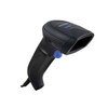 A side-profile view of a black Datalogic QuickScan QD2590 barcode scanner. The image highlights the ergonomic handle, the prominent blue trigger button, and the scan window at the front. A portion of the black connectivity cable is visible at the base of the handle against a white background.
