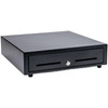 The image star-full-size-cash-drawer-37965600-side.jpg features a black Star Micronics CD3-1616 cash drawer shown from a three-quarter perspective while closed.

Alt Text Description
Perspective: A high-angle, three-quarter view from the front-left, emphasizing the depth and solid steel construction of the unit.

Chassis: The cash drawer has a matte black finish with a rectangular, heavy-gauge steel body.

Front Panel Detail: The front of the closed drawer includes two horizontal media slots for checks and documents and a central silver-toned key lock.

Base: Small, black non-slip rubber feet are visible at the bottom corners, providing stability for point-of-sale use.

Background: The entire unit is isolated against a plain white background.