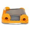 Mechanical Interface: The cartridge features two prominent orange-yellow gear-like spindles on the right side, designed to engage with the printer's drive motor for precise ribbon tensioning and winding.

Ribbon Feed: A wide, 110 mm band of dark thermal transfer ribbon is stretched across the top of the yellow plastic housing.

Frame Design: The side view emphasizes the rigid, molded plastic frame that ensures proper alignment of the supply and take-up spindles during the printing process.

Color Profile: The entire unit consists of high-visibility yellow-orange plastic components and glossy black printing media.

Perspective: The shot is taken at a low angle from the side, isolated against a white background to clearly show the mounting hubs and ribbon path.