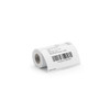 A studio shot of a small roll of white thermal receipt paper on a plain white background. The leading edge of the roll is pulled forward to display a printed credit card payment receipt, which includes a black barcode, transaction details, and a signature line. The roll is wound around a brown cardboard core.