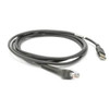 A studio shot of a coiled dark gray shielded USB cable isolated on a white background. One end of the cable features a standard USB-A connector, and the other features an RJ45-style modular connector with a flexible, ribbed strain relief. A small white identification label is wrapped around the cable near the USB connector.