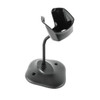 A studio shot of an adjustable gooseneck IntelliStand for a barcode scanner, isolated on a white background. The stand features a contoured black cradle at the top designed to hold a handheld scanner in a horizontal position for hands-free scanning. The cradle is supported by a flexible, ribbed metal neck that connects to a weighted black base. The base is rounded with a matte finish and includes pre-drilled holes for secure mounting to a countertop or surface.