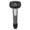 A front-facing studio shot of a handheld barcode scanner isolated on a white background. The device is finished in twilight black with a prominent light gray trigger on the ergonomic handle. The wide, rectangular scan head features a recessed window that clearly displays the internal imaging lens and green circuit board components. The scanner stands vertically, casting a soft shadow directly beneath its base.
