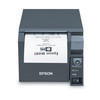 A top-down, front-facing studio shot of a dark gray Epson TM-T70II thermal POS receipt printer against a solid white background. A printed receipt extends from the front slot, displaying the "Epson M@RT" logo upside down relative to the printer's orientation.

On the right side of the unit, there is a vertical control panel featuring:

A large, light gray paper release button with a downward-facing arrow.

A Feed button with a paper icon.

Three circular LED indicator lights labeled Paper, Error, and Power.

A black rocker power switch at the bottom.
