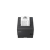 A front-facing, eye-level studio shot of an Epson OmniLink TM-T88VII thermal receipt printer in black. A long white receipt is feeding out from the top slot, displaying "THE STORE" logo and a detailed list of transaction items.

The printer has a matte black finish with several distinct features:

An NFC icon is visible on the top-left corner of the lid.

The EPSON logo is printed in white on the lower-left of the front face.

A vertical control panel on the right side contains blue and orange LED indicator lights, a circular Feed button, and a light gray cover release lever.

A recessed power rocker switch is located on the bottom right.

The entire unit is centered against a clean, solid white background.