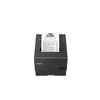A front-facing, eye-level studio shot of an Epson OmniLink TM-T88VII thermal receipt printer in black. A long white receipt is feeding out from the top slot, displaying "THE STORE" logo and a detailed list of transaction items.

The printer has a matte black finish with several distinct features:

An NFC icon is visible on the top-left corner of the lid.

The EPSON logo is printed in white on the lower-left of the front face.

A vertical control panel on the right side contains blue and orange LED indicator lights, a circular Feed button, and a light gray cover release lever.

A recessed power rocker switch is located on the bottom right.

The entire unit is centered against a clean, solid white background.