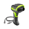 A three-quarter studio shot of a Zebra DS3608-ER ultra-rugged corded barcode scanner and its included USB interface cable. The scanner features a heavy-duty industrial design with a bright lime-green body and a textured black rubberized overmold for drop protection.
