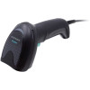 Side profile view of a black Datalogic Gryphon GD4520 corded handheld barcode scanner angled slightly forward against a white background. The front scanning head features a textured faceplate with the white "DATALOGIC" logo and cyan "Gryphon" branding, topped by a curved semi-translucent indicator window. A small portion of the cyan trigger button is visible under the ergonomic handle, and a black cord with a ribbed strain relief sleeve extends from the base of the handle.