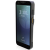 Three-quarter side perspective view of a black Datalogic Memor 30 mobile terminal standing upright against a white background. The device is angled to showcase its right profile and the thickness of its rugged enterprise chassis. Along the side panel, a black textured volume rocker button sits near the top, followed by a prominent scan trigger button accented with a bright yellow stripe down the center. The active touch display is visible at an angle, displaying the "3:00 PM" lock screen interface, while the glossy white surface below creates a soft reflection of the device's base.