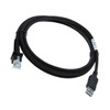 A studio product shot on a pure white background showing a black Datalogic interface cable neatly coiled into a circular loop. The cable features a standard USB Type-A connector on the bottom right end for connecting to a host terminal, and a modular RJ45-style connector with a silver metallic shield and a black strain-relief boot on the left end for plugging into the scanner's base station. A small white barcode sticker label is wrapped around the cable near the USB end, and thin black twist-ties secure the coiled loops.
