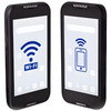 A studio product shot on a clean white background presenting two black Datalogic Memor 11 full-touch mobile computers side by side, angled slightly inward toward each other to highlight their smartphone-style form factor. Both devices are enclosed in a rugged black matte casing with a prominent white "DATALOGIC" logo on the top bezel and "memor 11" on the bottom bezel. The device on the left shows a bright 5-inch display featuring a large blue Wi-Fi symbol and a "WI-FI" label overlaying an Android interface. The device on the right shows a matching screen displaying a blue icon of a mobile phone receiving wireless waves, with faint Android system icons visible in the background.