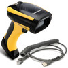 A Datalogic PowerScan PD9130 industrial barcode scanner kit, featuring a rugged handheld scanner and its coiled interface cable on a solid white background. The scanner is prominently angled in the foreground, showcasing its bright yellow and black plastic housing, textured "PowerScan" top panel, and a recessed scanning window branded with the "DATALOGIC" logo. Resting below the scanner is the coiled, dark grey USB cable, which has an RJ45 connector on one end and a standard USB Type-A connector on the other.