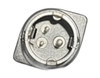 An extreme close-up, top-down view of the specialized 3-pin circular power connector tip from a Datalogic 90ACC0196 power supply, isolated on a white background. The interior of the circular metal plug housing reveals three distinct male contact pins arranged in a triangular configuration within a dark molded plastic base. Small alignment notches are visible along the inner rim of the metal shroud.