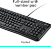 An overhead product feature infographic for the Logitech MK120 wired keyboard and mouse combo against a white background, complete with callout labels and sustainability certifications.

The full-sized black keyboard is shown at the top with three pointer lines highlighting its design details: "Spill-proof design" pointing to the top edge, "Deep-profile keys" pointing near the function row, and "Full-size layout" pointing to the standard numeric keypad on the right.

In the top right corner, sustainability badges indicate the product uses recycled plastic—specifically 54% for the keyboard and 72% for the mouse—alongside a carbon impact logo reading 5.03 kg CO2e.

Below the keyboard on the left sits the matching black, corded mouse. Three pointer lines call out its physical features: "Smooth navigation" pointing to the gray scroll wheel, "Ambidextrous" highlighting its symmetrical side, and "Full-sized" pointing to the lower palm rest featuring the Logitech logo.