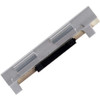Rear view product photograph of the IBM/Toshiba 44D0189 thermal printhead assembly, shown diagonally against a plain white background. This side highlights the heavy-duty matte silver aluminum heat sink chassis that forms the backing of the unit, featuring molded structural ridges and cutouts for installation alignment. A black rectangular electronic interface connector is visible, centered along the inner edge beneath the metal casing.
