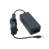A high-angle top-down view of the black Datalogic 94ACC0197 external power supply block on a white background. The rectangular AC/DC adapter features a standard 3-prong C14 inlet on the bottom-right end, with its corded DC output cable neatly bundled to the left side and extending out to show a straight barrel plug connector.