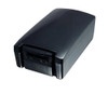 A high-angle, front-facing view of the black Datalogic 94ACC1386 high-capacity rechargeable battery pack on a solid white background, highlighting its smooth outer casing, thick form factor, and the integrated locking latch mechanism on the front panel used to secure it into Falcon mobile computers.