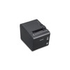 A high-angle, top-down isometric view of a dark gray Epson TM-L90II LFC thermal printer on a white background. This view highlights the printer's rectangular top cover, showing the empty paper exit slot, a clear plastic power switch on the front panel, and a small cluster of status LEDs and a feed button near the rear corner.