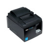 A high-angle product shot from the file star-micronics-tsp143iiibi-bluetooth-thermal-receipt-printer-gray-39472110-side2_2.jpg displaying a charcoal gray Star Micronics TSP100III POS printer. The image highlights the front control panel with Power, Error, and Feed indicators on the lower right, the "star TSP100III futurePRNT" branding, and the top-right cover release lever next to the receipt exit slot.