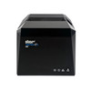 Front view of a matte black Star Micronics TSP100IV SK linerless sticky label printer against a solid white background. The compact, angled body features the "star" logo, "TSP100", and "SK" printed on the upper left. The bottom right corner displays three small LED status indicator lights and a single physical feed button with an upward arrow icon.