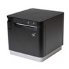 An isometric, side-front view of the black Star Micronics mC-Print3 thermal receipt printer, model 39659310, against a white background. This perspective emphasizes the printer's compact cube shape, showing the front panel with its status LEDs, paper feed and power buttons, and the white paper exiting, while also revealing the solid black side panel. The white Star logo is clearly visible on the lower front.