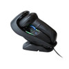 Black Datalogic Gryphon GBT4500 wireless handheld barcode scanner resting horizontally in its matching charging and communication cradle against a white background. The scanner and base feature illuminated green LED status indicator lights, and a power cable extends from the rear of the cradle base.