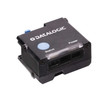 Alternative front perspective view of the compact, black Datalogic Gryphon GFS4520 fixed-mount barcode scanner module, angled slightly to reveal the opposite side panel against a white background. The top surface displays the white printed Datalogic logo, a light-blue circular test button, and clear plastic LED windows for "Status" and "Power" alerts right above the rectangular 2D imager lens window.