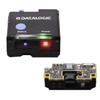 Product composite image displaying the black Datalogic Gryphon GFS4520 fixed-mount scanner module in two states against a white background. The top view shows the fully assembled unit powered on, with a green LED illuminating the status bar, a blue light glowing from the left side of the scan window, and a red light glowing from the right side. The bottom view reveals the internal component assembly, highlighting the exposed green circuit board (PCB) with integrated microchips, circuitry, and the scanning lens mechanism.