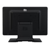 A straight-on product photo from elo-1502l-15.6in.-widescreen-lcd-touchscreen-monitor-e155645-rear2.jpg showing the back panel of a black Elo touchscreen monitor attached to its desktop stand, highlighting the silver Elo logo at the top of the monitor, an engraved Elo logo on the back of the stand neck, and a row of menu buttons in the bottom corner against a white background.
