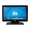 A straight-on product photo from elo-1502l-15.6in.-widescreen-lcd-touchscreen-monitor-e155645-front.jpg showing a black Elo widescreen touchscreen monitor mounted on its low-profile desktop stand. The display features a bright blue geometric background with a large white Elo logo and the text "15" | Touchscreen" across the bottom half, isolated on a white background.