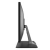 Direct side profile view of the Elo 2202L 22-inch touchscreen monitor (E351600) on its desktop stand. The image highlights the display’s slim panel thickness, its slightly curved rear housing, and the ergonomic tilt of the silver metal stand arm resting on a flat black base.