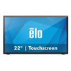 Straight-on front view of the Elo 2270L 22-inch commercial touchscreen monitor (E511214) with a matte black bezel. The screen displays a bright blue geometric background featuring the white "ēlo" logo in the center and the text "22" | Touchscreen" in bold white lettering across the bottom.