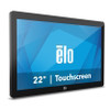 An angled, three-quarter right perspective view of the standalone Elo 2202L 22-inch commercial touchscreen monitor (E992622) without a stand, isolated on a white background. The display features edge-to-edge glass with a smooth black border and rounded corners. The screen is active, showing a vibrant blue geometric background, the white "ēlo" logo in the center, and the text "22" | Touchscreen" in bold white lettering across the bottom.