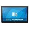 Straight-on front view of the standalone Elo 2202L 22-inch commercial touchscreen monitor (E992622) with zero-bezel edge-to-edge glass and a black border. A small, gray "ēlo" logo is centered on the bottom bezel. The active display shows a bright blue geometric patterned graphic featuring a large white "ēlo" logo in the center and the text "22" | Touchscreen" printed in bold white text across the lower portion.