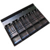A high-angle, top-down studio shot of the internal plastic cash till insert for an APG Series 4000 cash drawer, isolated on a white background and positioned diagonally. The durable black plastic till features a 5-bill, 5-coin configuration. The back section contains five deep bill compartments, each equipped with a heavy-duty, spring-loaded black metal wire hold-down clip. The front section contains five scooped coin tills with curved bottoms for easy coin retrieval.