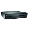 An angled, eye-level studio shot of an APG Series 4000 Heavy Duty Cash Drawer, model JB320-BL1820-C, set against a solid white background. The cash drawer is constructed from durable, matte black steel and is closed. Its front face features two wide, horizontal media slots for slipping checks, receipts, or large bills inside without opening the drawer. A silver key lock is positioned centrally near the bottom edge. On the upper left corner of the drawer front, the white "APG CASH DRAWER" logo is cleanly printed. The lighting highlights the smooth, textured finish of the top and side panels.