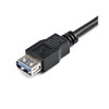 A close-up shot of the female connector on a black StarTech USB 3.0 extension cable, isolated against a white background.

The image highlights the USB Type-A female port, showing its metallic housing and the distinct blue plastic insert that signifies USB 3.0 SuperSpeed capability. The black molded plastic connector head is engraved with the standard USB SuperSpeed "SS" trident logo and features a ribbed, flexible strain-relief boot where it connects to the thick black cable.