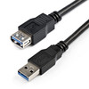 A close-up shot of the two connectors of a black StarTech USB 3.0 extension cable, isolated against a white background.

The top connector is a USB Type-A female port, showing its metallic housing and signature blue plastic insert inside. The bottom connector is a USB Type-A male plug, also featuring a blue plastic insert indicating USB 3.0 SuperSpeed capability. Both black molded plastic connector heads are engraved with the standard USB SuperSpeed "SS" trident logo and feature flexible strain-relief boots where they meet the thick black cabling.