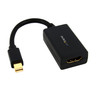 A high-angle shot of a black StarTech Mini DisplayPort to HDMI adapter dongle, isolated against a solid white background.

The device features a gold-plated Mini DisplayPort male connector on the left, which is connected via a short, curved black cable to a rectangular black plastic housing on the right. The top face of the adapter housing is printed with the white and yellow "StarTech.com" brand logo. The front-facing edge of the housing reveals a gold-plated HDMI female port.