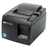 An angled, perspective product shot of a black Star Micronics TSP100III thermal receipt printer, viewed from the front-right side. The image showcases the printer's deep, compact chassis and matte black finish against a clean white background. The front panel prominently displays the "star futurePRNT TSP100III" branding and an Energy Star sticker on the left, alongside the recessed lower control panel featuring Power and Error LED lights and a circular Feed button. The top details—including the textured paper exit slot and the rectangular cover release lever on the right edge—are clearly visible from this dynamic angle.