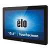 An Elo 15.6-inch widescreen touchscreen monitor (model ET1502L / E318746), captured from a three-quarter side angle perspective facing left, isolated against a solid white background.

The perspective showcases the slim profile of the monitor housing, along with its flat, zero-bezel edge-to-edge glass front panel and black frame border. The screen displays a bright blue radial burst graphic featuring a centered black "elo" logo and the white text "15.6" | Touchscreen" near the bottom.