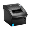 The file bixolon-srp-350plusiii-pos-thermal-receipt-printer-srp-350plusiiicosg-rdu-side.jpg presents the front and left side profile of a black BIXOLON POS thermal receipt printer, captured from a high three-quarter angle against a solid white background.

The image emphasizes the sloping, blocky silhouette of the matte black outer housing. The curved top lid includes subtle vertical ridges, a white centered BIXOLON logo, and a raised black paper output mouth at the front. To the right of the lid, the vertical interface strip features three status indicator lights—labeled Power, Error, and Paper—directly above a square blue Feed button. On the lower front face, a blue Energy Star logo sits on the left corner, and a small black, rectangular power switch is recessed on the right side.