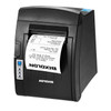 The file bixolon-srp-350plusiii-pos-thermal-receipt-printer-srp-350plusiiicosg-rdu-mounted.jpg shows a black BIXOLON thermal receipt printer positioned vertically, demonstrating how it looks when wall-mounted, set against a plain white background.

In this vertical orientation, a white receipt prints out facing upward from the paper slot. The receipt text features a large, bold BIXOLON logo at the top, followed by store location details in Korea, transaction metadata dated 2012, and an itemized food bill listing chicken strips and buffalo wings. Because the printer is mounted vertically, the control interface panel—featuring the blue Feed button and the three LED status lights (Paper, Error, Power)—is positioned on the lower-left side of the unit, while a blue Energy Star sticker is visible on the top-right corner.
