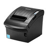 The file bixolon-srp-350plusiii-pos-thermal-receipt-printer-srp-350plusiiicosg-rdu-front.jpg showcases the front and side profile of a black BIXOLON POS thermal receipt printer, viewed from a high three-quarter angle against a white background.

The device features a curved, matte black top cover with a ridged design, the white BIXOLON logo near the top, and a wide paper exit slot at the front edge. To the right of the lid, a small control panel includes a blue feed button and three small LED indicator lights labeled Power, Error, and Paper. The lower front panel houses a rectangular power switch on the right side and a blue Energy Star certification sticker on the bottom-left corner.
