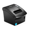 The file bixolon-srp-350plusiii-pos-thermal-receipt-printer-srp-350plusiiicosg-rdu-side2.jpg shows the front and right side profile of a black BIXOLON POS thermal receipt printer, shot from a high three-quarter angle against a plain white background.

The image highlights the smooth, solid right flank of the matte black plastic outer housing. The sloping top lid features a central white BIXOLON logo, vertical accent ridges, and a raised paper delivery slot at the front. Located near the upper back edge of the top panel is a narrow interface strip holding three circular LED status lights and a square blue Feed button. On the lower front face of the unit, a rectangular power switch is visible on the right, and a bright blue Energy Star certification label is affixed to the bottom-left corner.